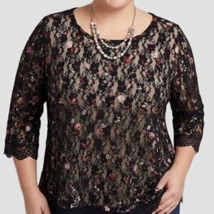 😍SHOW SPECIAL Reitmans Black Floral Lace Stretch Long Sleeve Blouse 2X